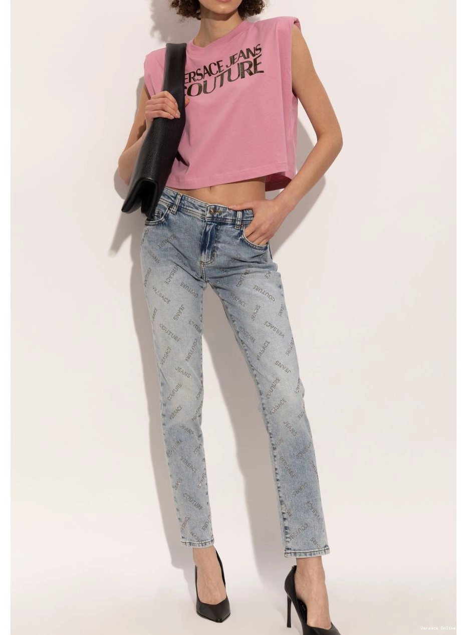 Cheap top Couture Women crop Jeans Versace logo-print 0721